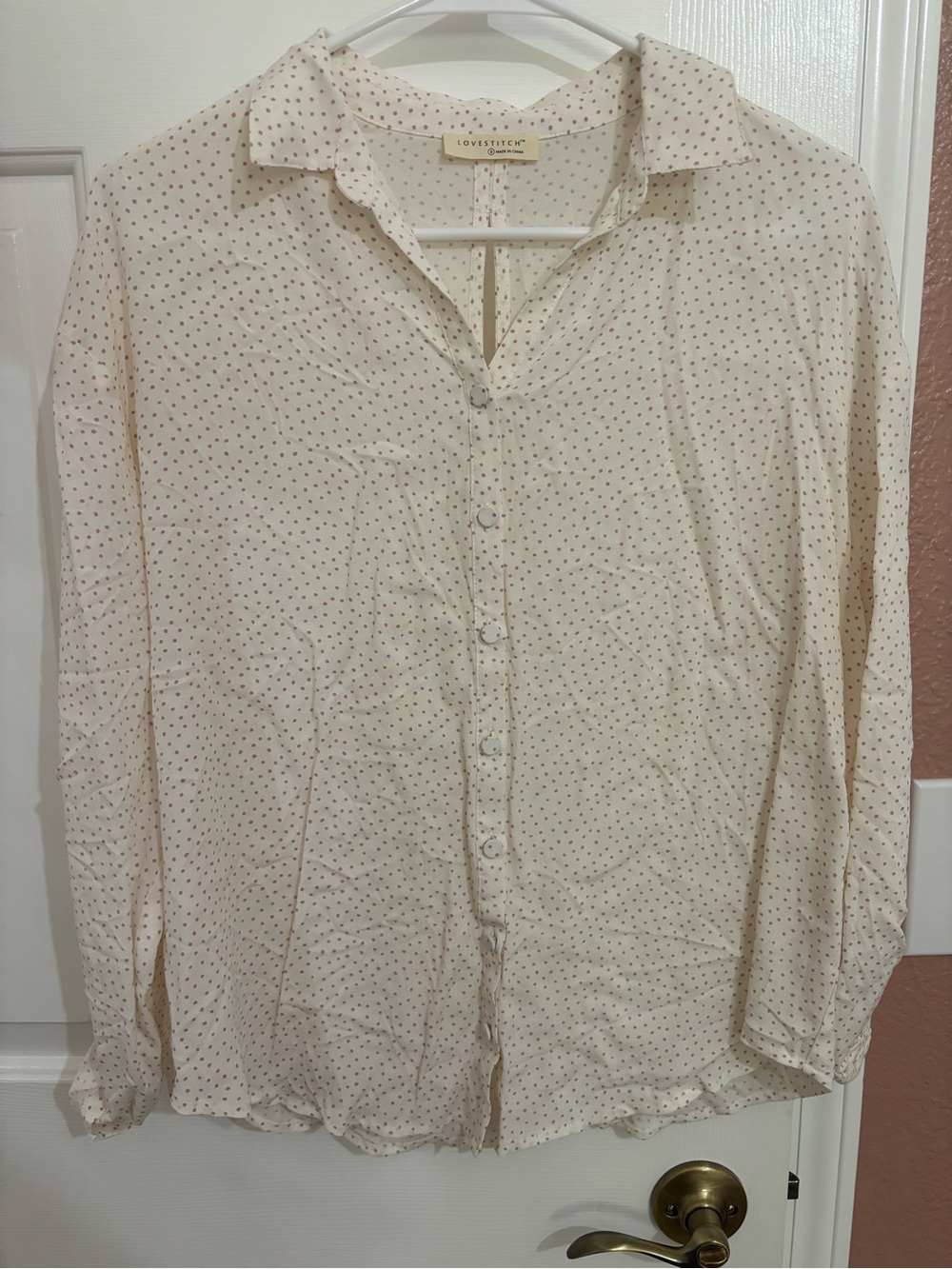 Lovestitch White with Pink Polka Dots Button Up